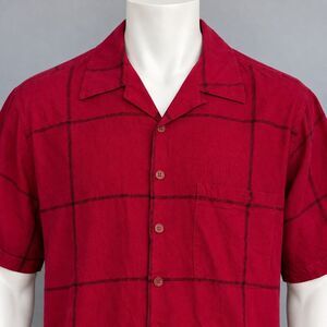 Vintage TRUST Mens L Red Linen Rayon Camp Shirt Black Windowpane 80s 90s